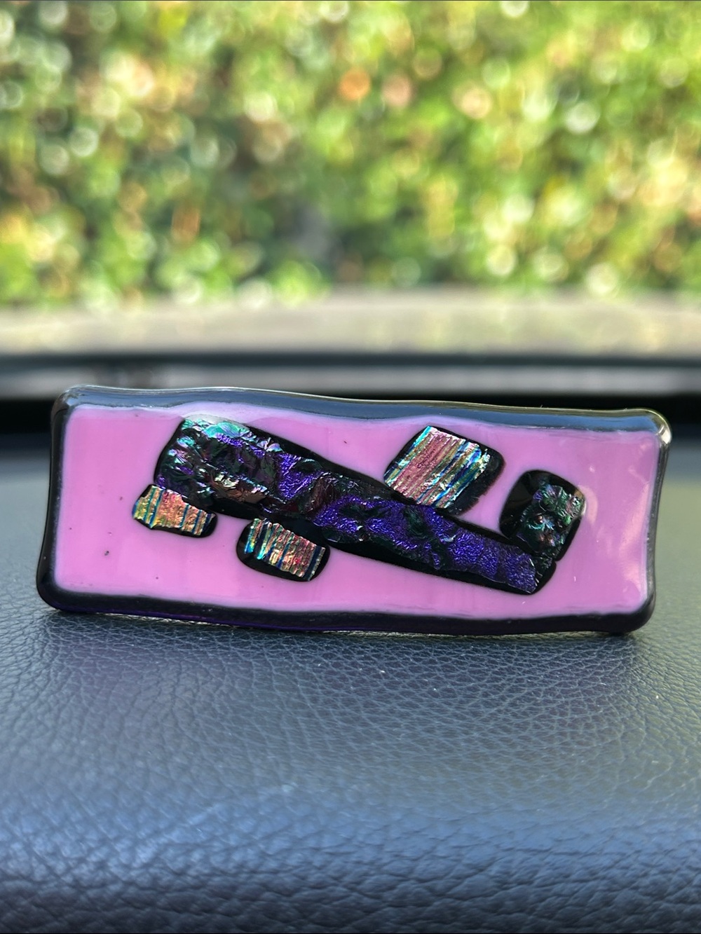 Handmade Pink Dichroic Glass Bar Hair Barrette France